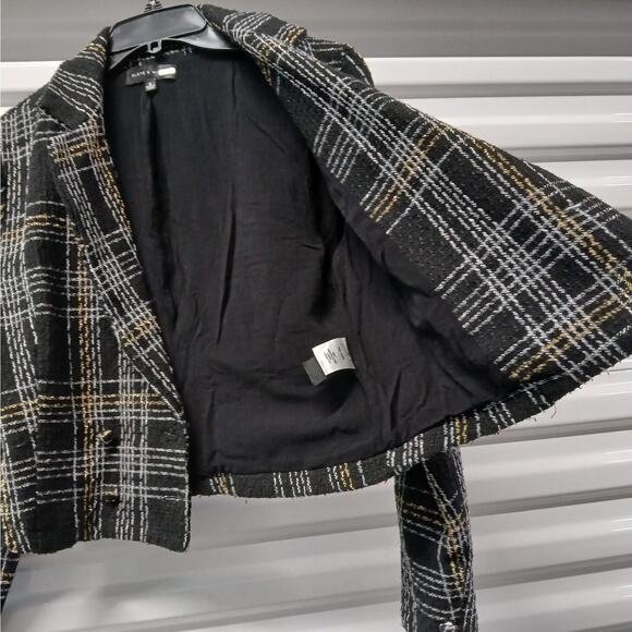 Slate & Willow Classic Plaid Tweed Blazer Womens Small Black Cropped Jacket - Picture 5 of 11